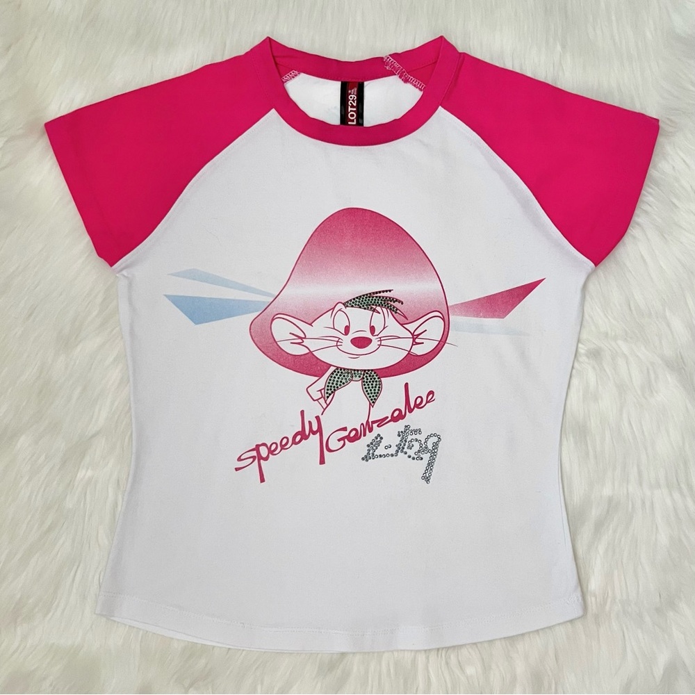 Lot 29 Looney Tunes Speedy Gonzales Pink & White Rhinestone Embellished Baby Tee